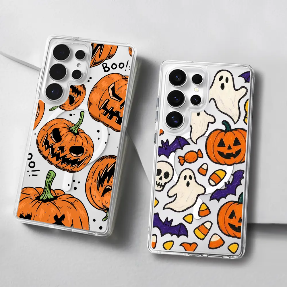 Spooky Pumpkin Print Magnetic Phone Case for Samsung Galaxy S26/S25/S24/S23/S22/S21/S20/S10/NOTE20/NOTE10/NOTE9/PLUS/ULTRA/FE/A57/A56/A55/A54/A37/A36/A35/A34/A26/A25/A24/A23/A17,MagSafe Transparent Shockproof Protective Cover Cute Halloween Gift