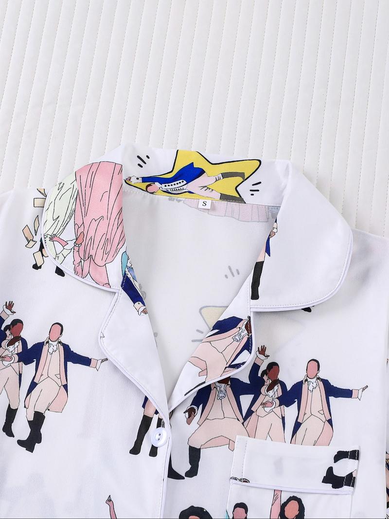 Hamilton Musical Themed Women's Pajama Set, Short Sleeve Shirt Collar Button Soft Top & Elastic Shorts, Casual Home Wear