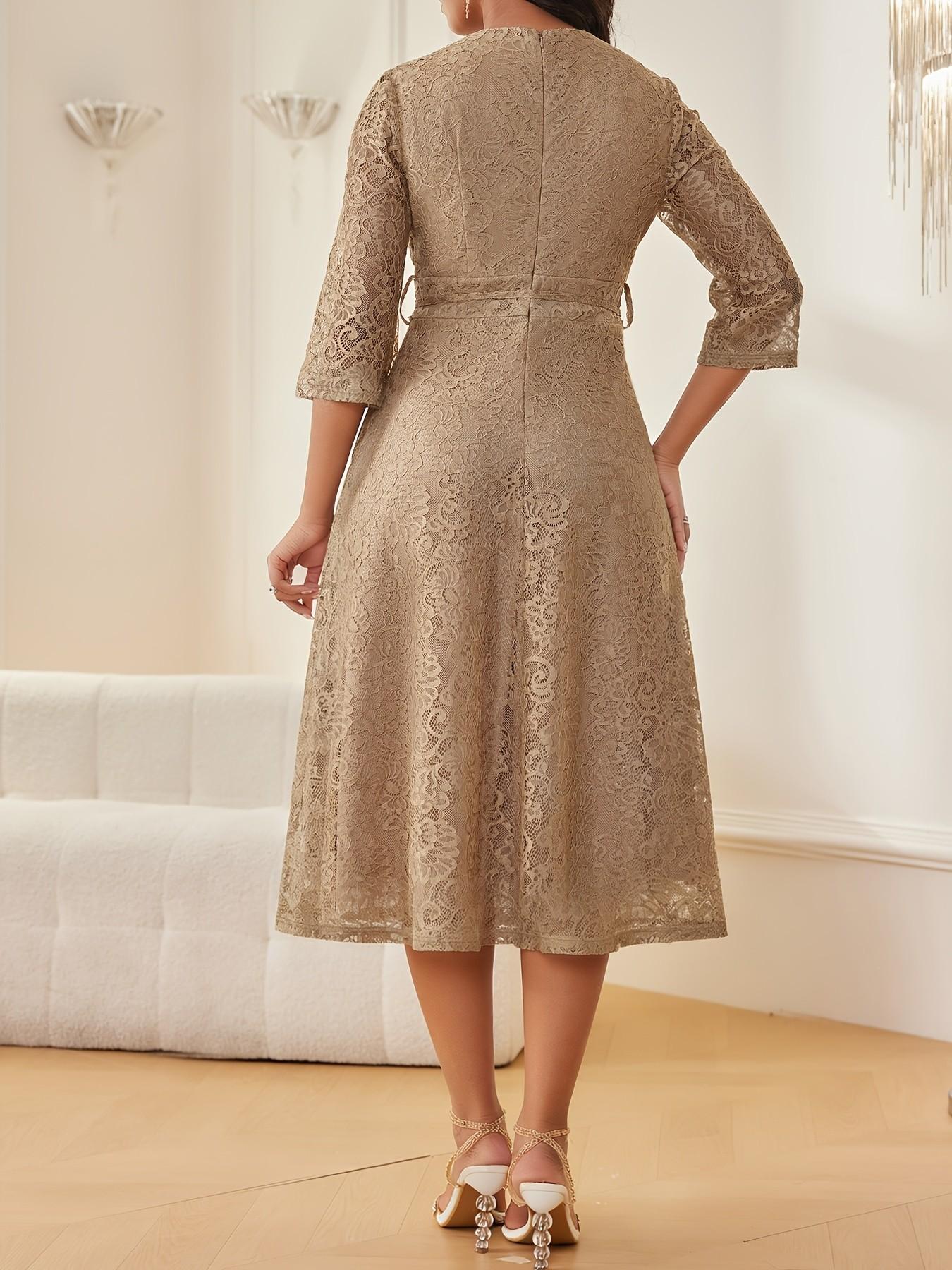 Spring Summer Women's Elegant Daily Commute Dress, Light Gold V Neck Lace 3/4 Sleeve Midi Dress, Waist Belted Slim Fit