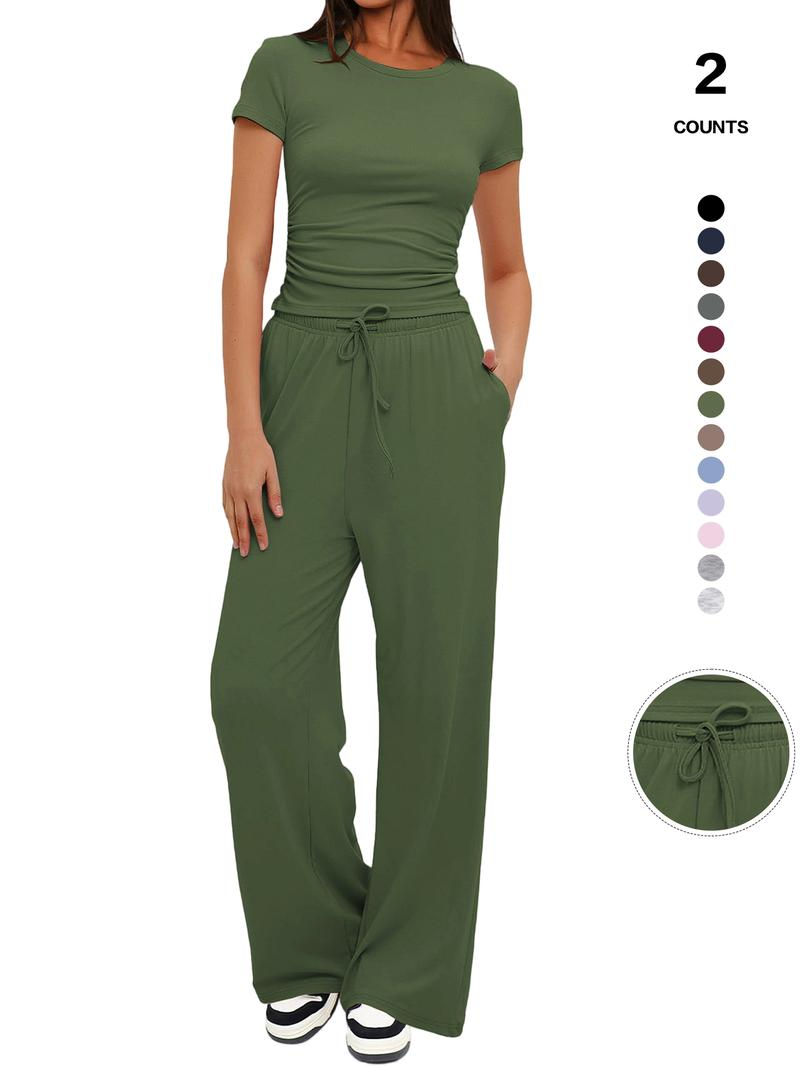 Women's Spring Summer Casual Set, Round Neck Short Sleeve Top & Wide Leg Pants, Slim Fit Home Wear, 2 Piece, Ruched Design, Drawstring