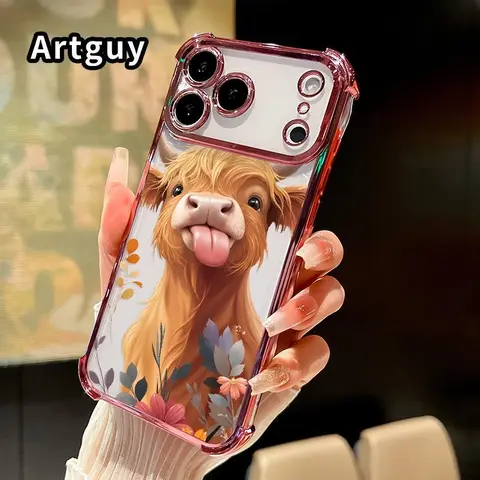 Transparent Silicone Cellphone Casing for iPhone 18,17,16 Pro Max,15 Plus,14,13,12,11,E,Air - Fluffy Cow Charm Pattern, 4-Corner Anti-Drop Protection, Shockproof, Anti-Slip Surface Mobile Accessories