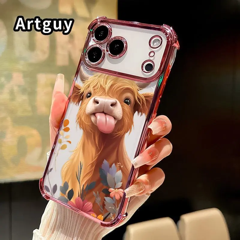 Transparent Silicone Cellphone Casing for iPhone 18,17,16 Pro Max,15 Plus,14,13,12,11,E,Air - Fluffy Cow Charm Pattern, 4-Corner Anti-Drop Protection, Shockproof, Anti-Slip Surface Mobile Accessories