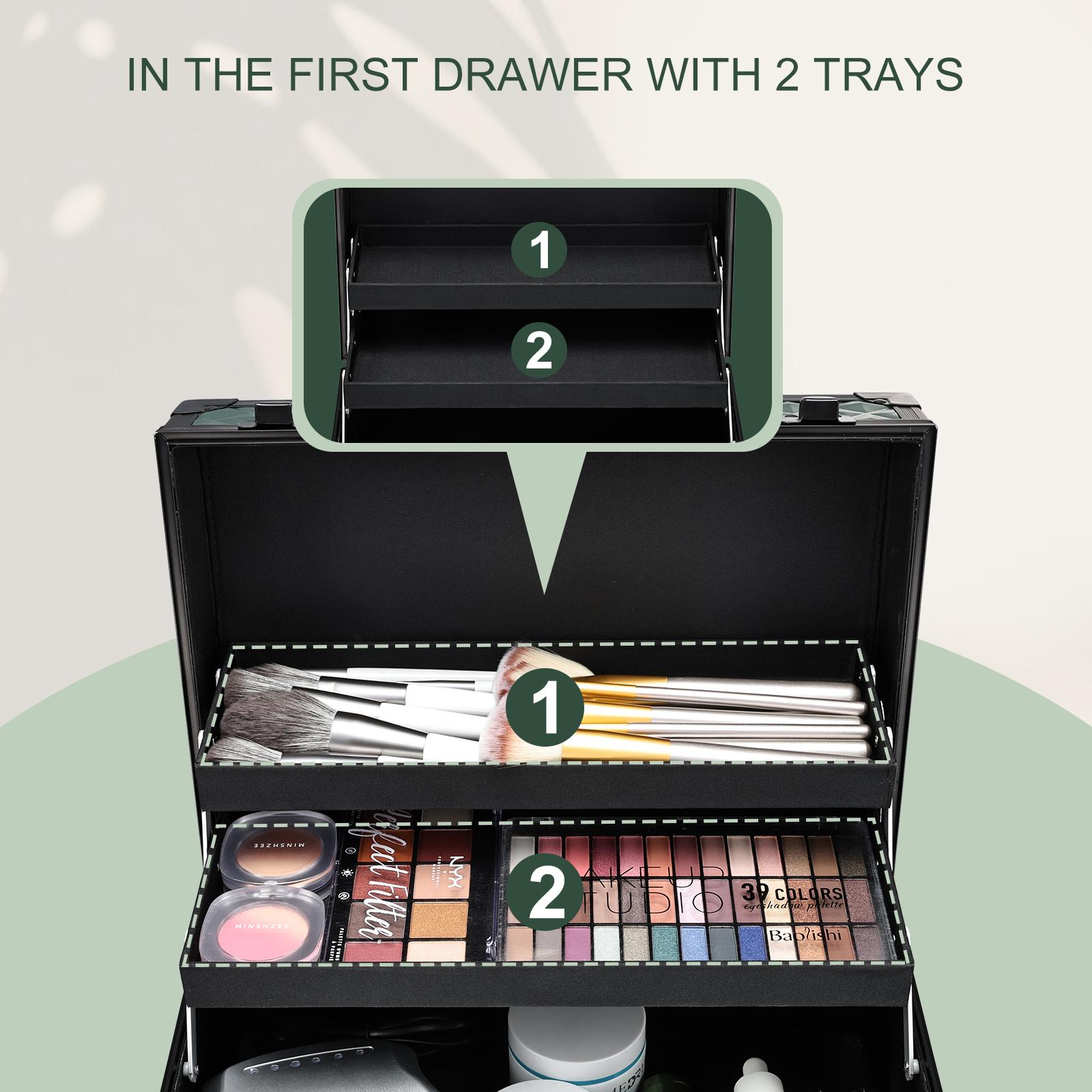 Joligrace Rolling Makeup Train Case Professional Cosmetic Trolley Nail Polish Organizer with 2 Large Drawers, Makeup Pouch for Artists Nail Technician Salon Cart Trunk Black