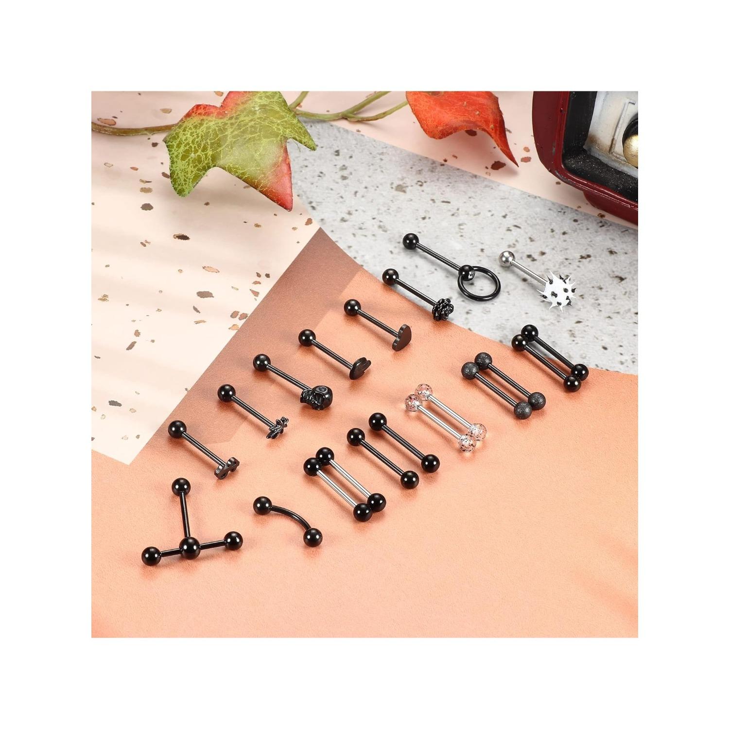 20Pcs 14G Tongue Rings for Women Men 316L Stainless Steel Skull Heart Tongue Piercing Jewelry