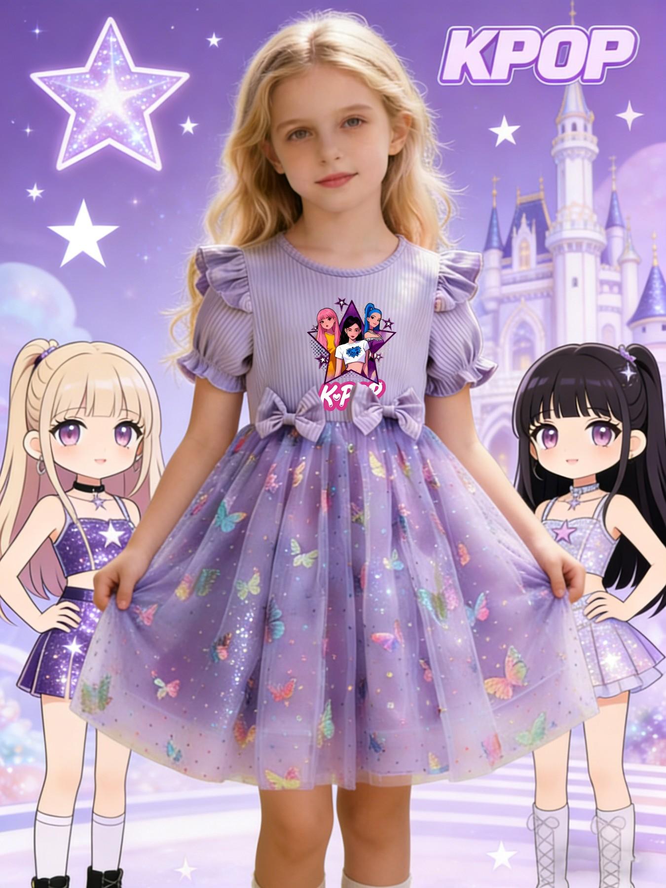 Princess Party Dance Dress, Butterfly Mesh Skirt, Dreamy Elegant Design, K-Pop Girl Group Print, Perfect for Camping Travel Parties