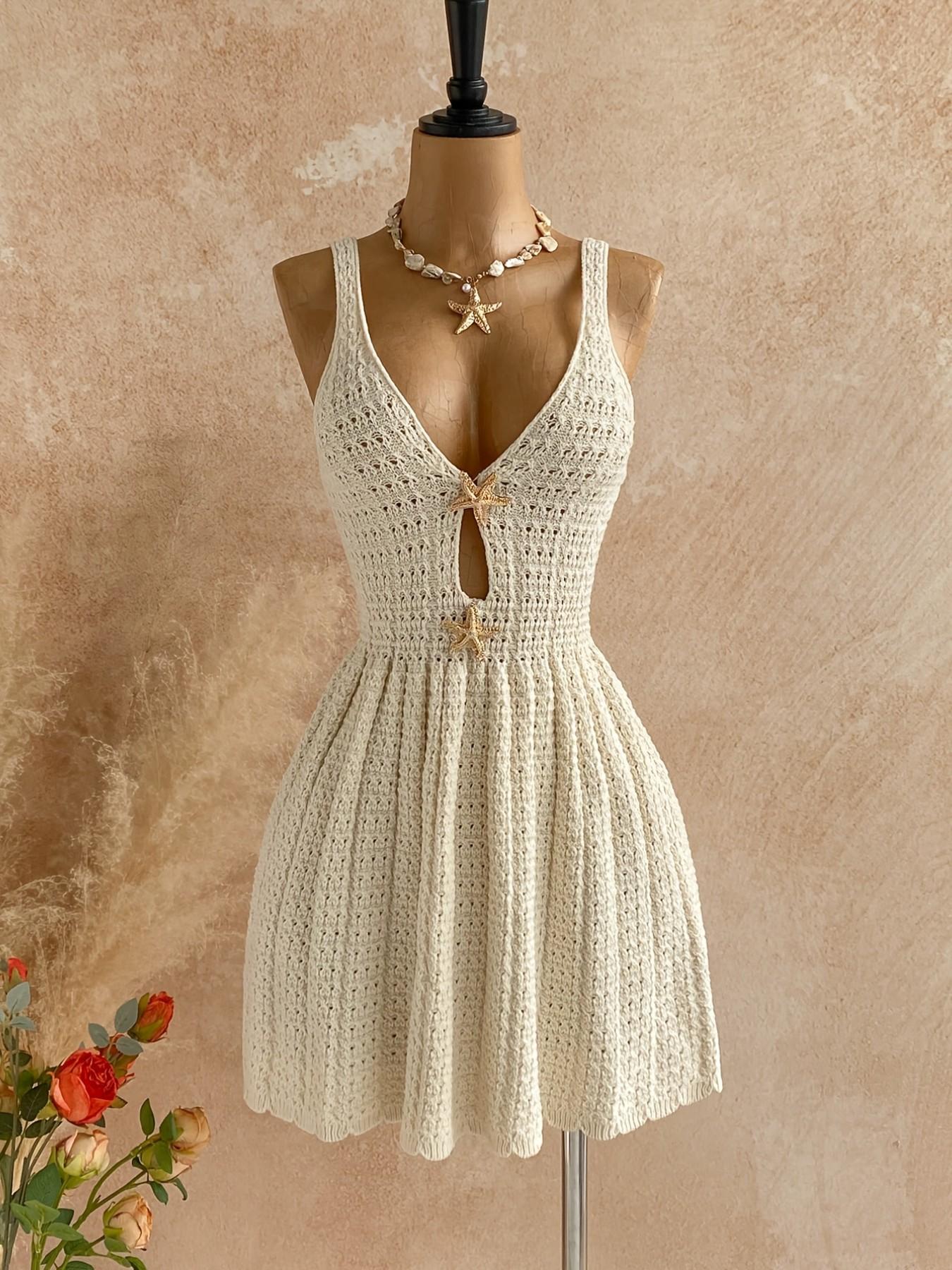 Dreamy Cream Color Breathable Crochet Knit Mini Dress, Deep V Neck, Hollow  Out Details, Starfish Decoration, Bohemian Boho Style, Perfect for Beach  Vacation - TikTok Shop