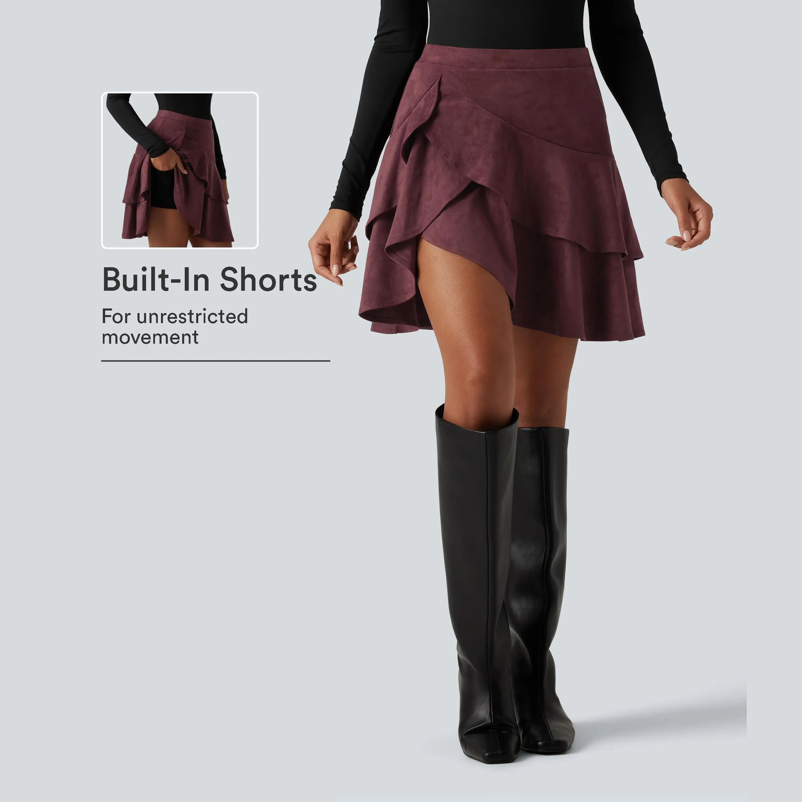 【Creator’s Pick】Halara High Waisted Tiered Ruffle Hem 2-in-1 Mini Suede Casual Skirt with Pocket