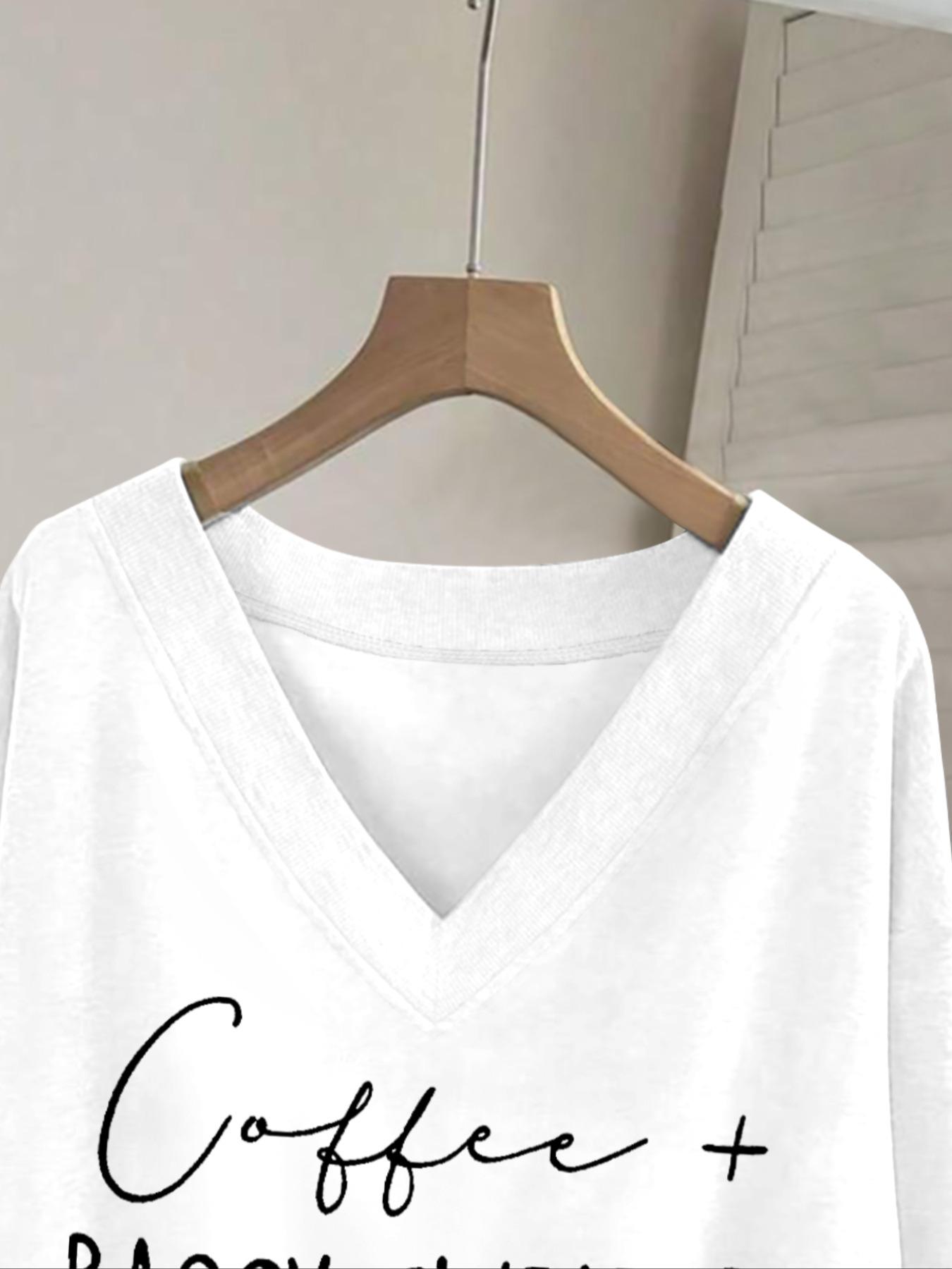 Casual Women's Long Sleeve V Neck Sweatshirt with Fun Letter Print, Elegant Ribbed Hem Fashion for All Seasons, Perfect for Fall and Winter, Lady Womenswear