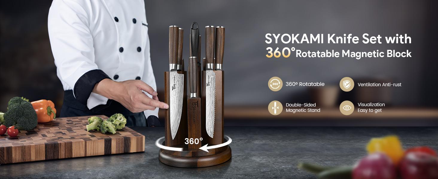 【TikTokShopSpringGlowUp】 SYOKAMI [UPDATE] Kitchen Knife Set with Magnetic Block and Sharpener 14 Piece Knife Set 360° Rotatable Holder Ultra Sharp High Carbon Stainless Steel Knives Sets with Steak Knives, Anti-slip Ergonomical Handle, Mother's Day Gift