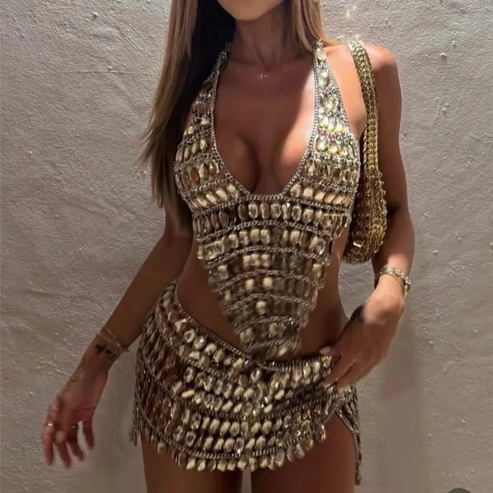 European And American Gold Sparkling Large Diamond V-Neck Vest With Waist Chain Set, Holiday Body Chain For Women