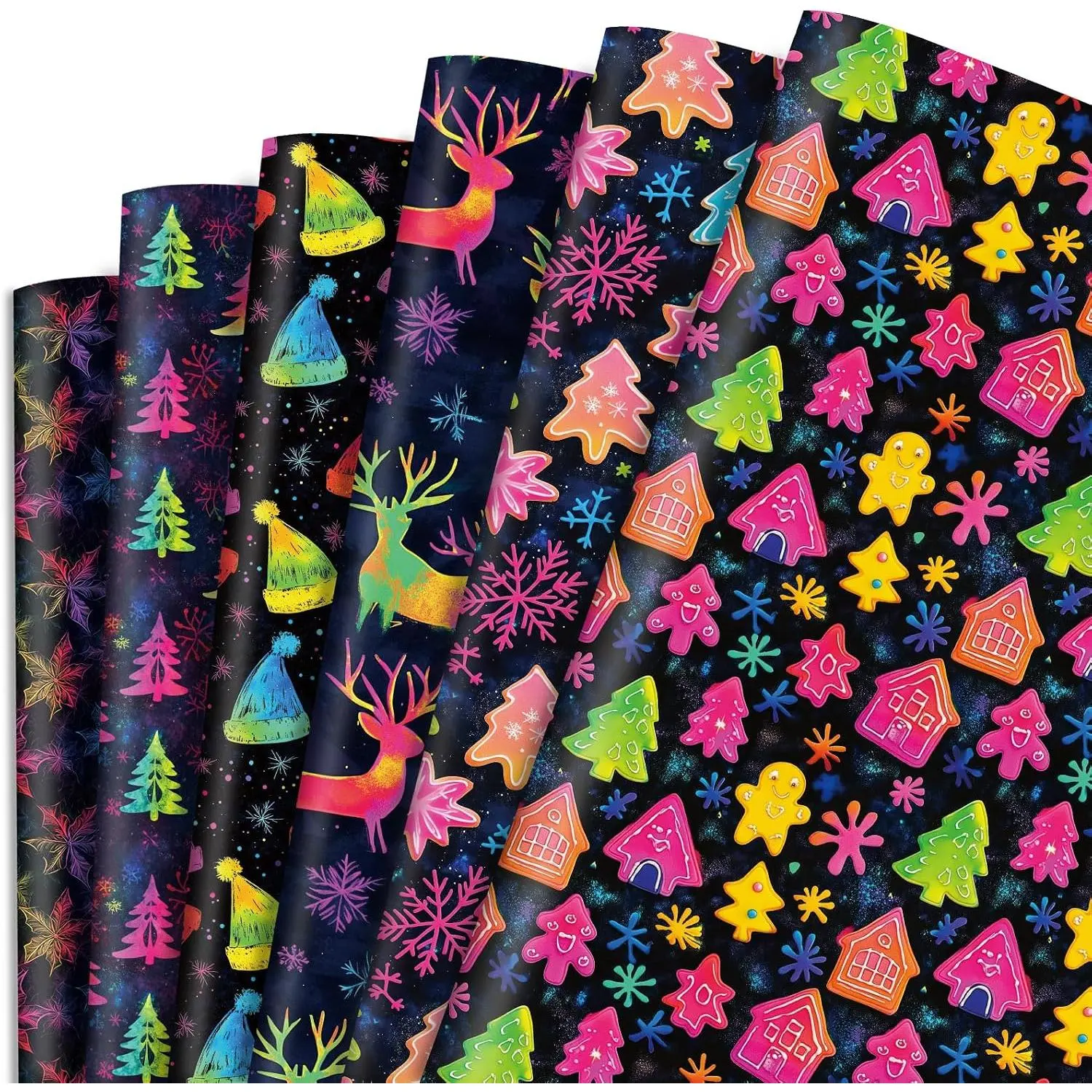 Christmas Wrapping paper for Boys Girls  - 6 Neon Rainbow Xmas Style  Wrap Reindeer Tree Christmas Hats Design for Holiday Party Winter, 20 X 28 Inches, Folded Flat (6 Sheet)