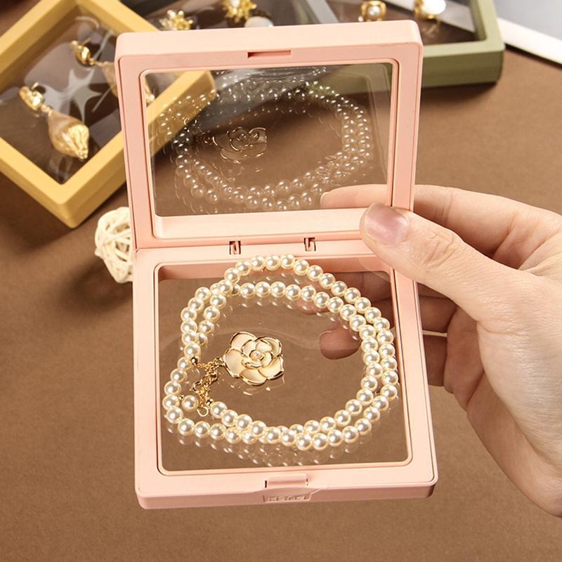3D Floating Display Box, Dustproof Jewelry Packaging, Transparent Hanging Storage Box for Storing Necklaces, Bracelets, Rings, Coins, Earrings, and Pins, with Elastic Film, Gift Box for Retail and Personal Use.