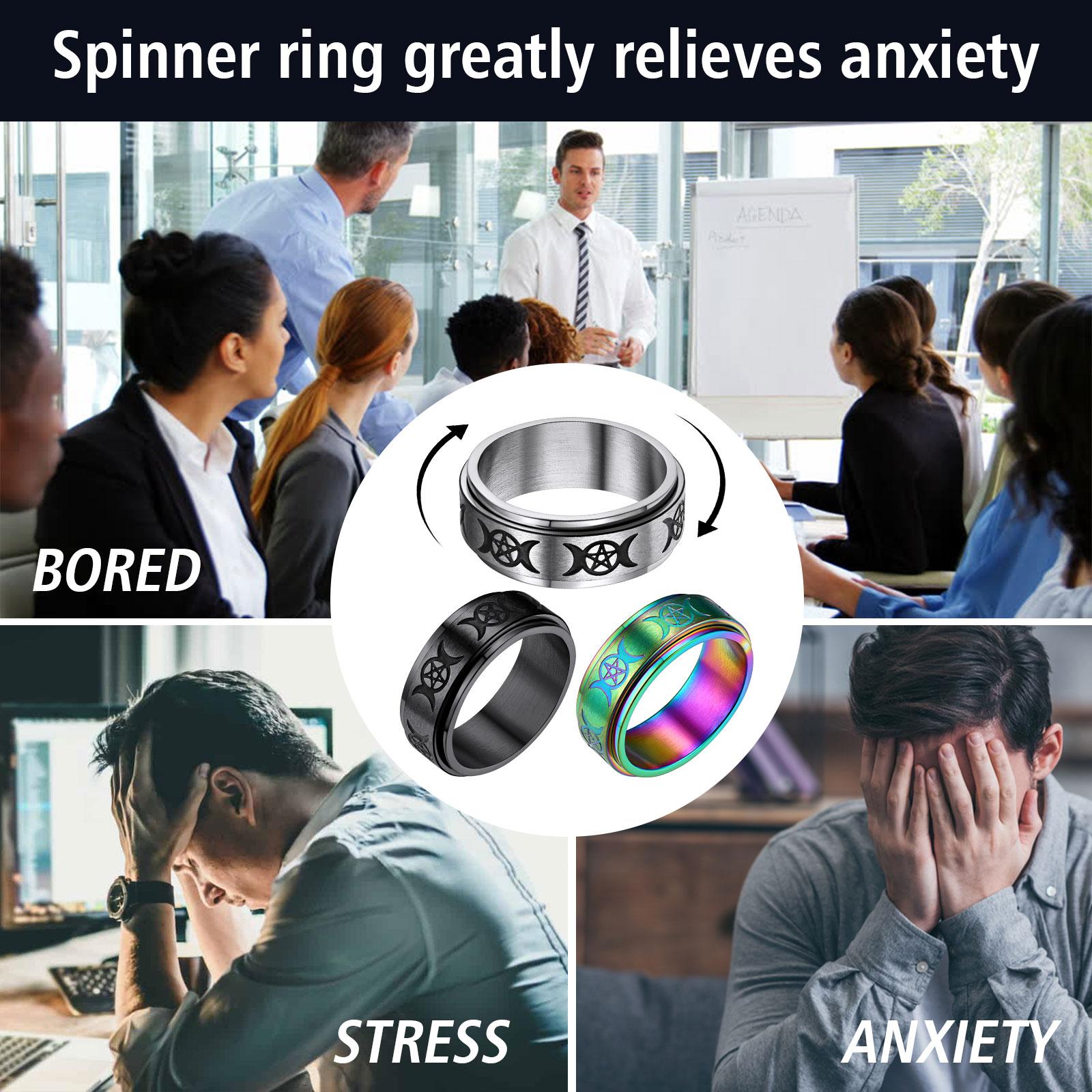 FindChic Stainless Steel Spinner Band Rings Triple Moon Rotatable Anxiety Band Ring For Women Men Girlfriend Boyfriend