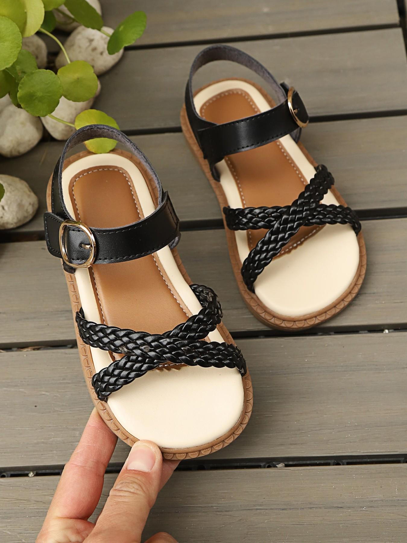 Kids Braided Crisscross Sandals, Adjustable Buckle, Non-Slip Soft Sole, Cute Style, PU Leather Upper, Rubber Sole, Plain Pattern
