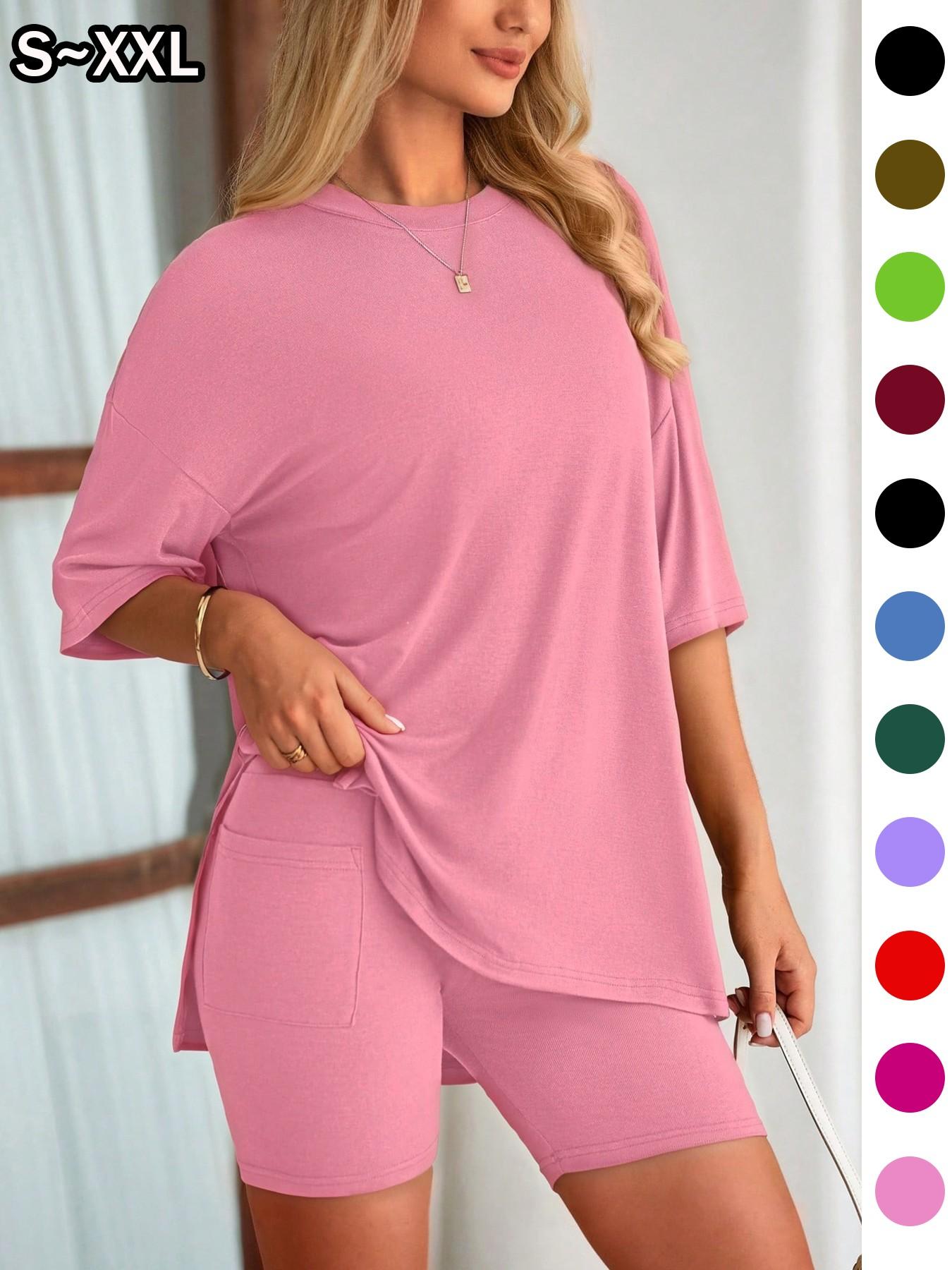 Women's Solid Color 2-Piece Set, Round Neck Loose T-Shirt and Pocket Tight Shorts, Comfort Summer Loungewear Pajamas, Suitable for Outdoor Wear