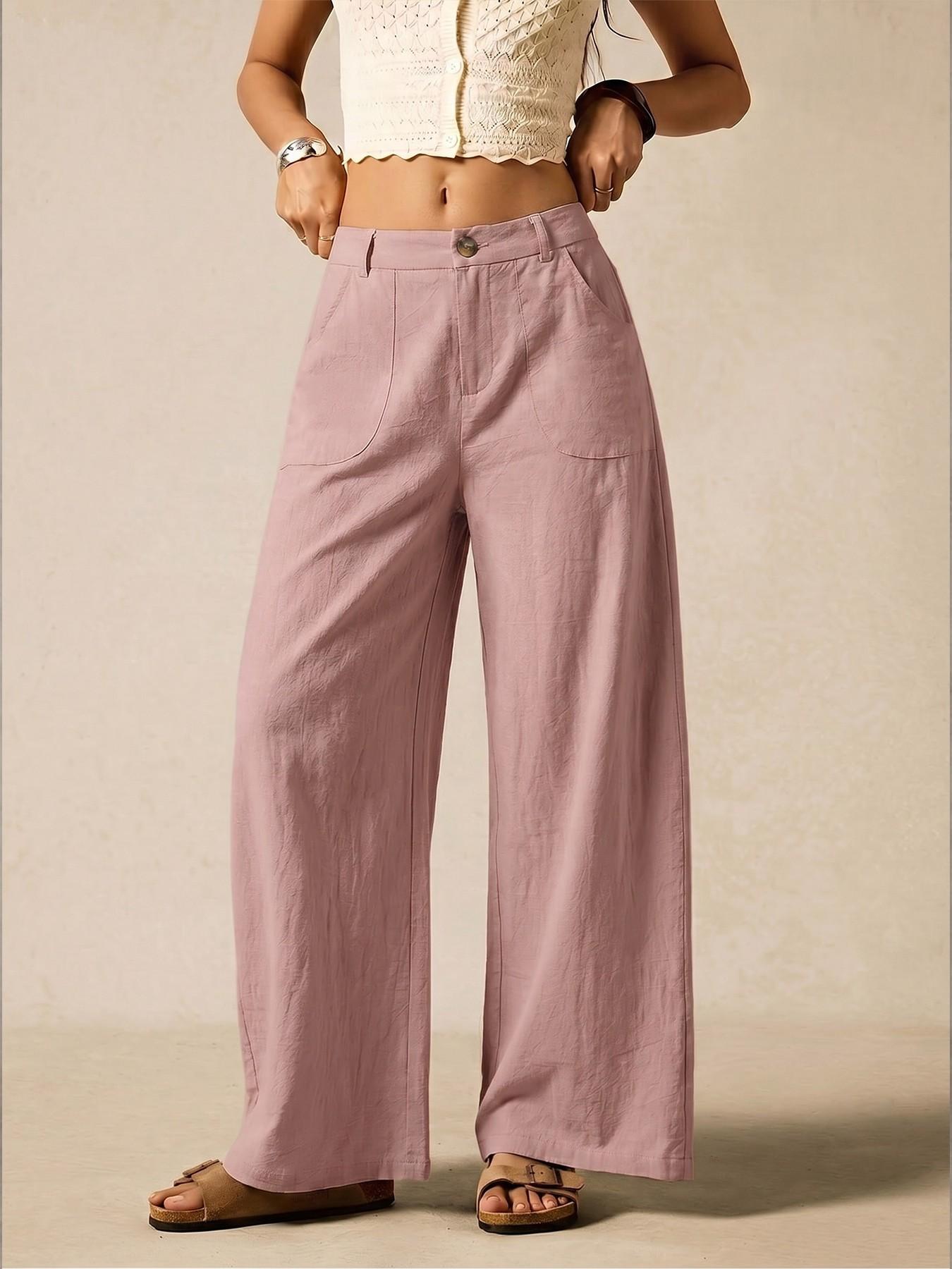 Women's Summer Linen Breathable Lightweight Palazzo Pants Flowy Wide Straight Leg Beach Trousers, Button Pocket Trousers, With Pocket Casual Solid Color Soft Elastic High Waist Travel Vacation Date Brunch Home Work Street wear