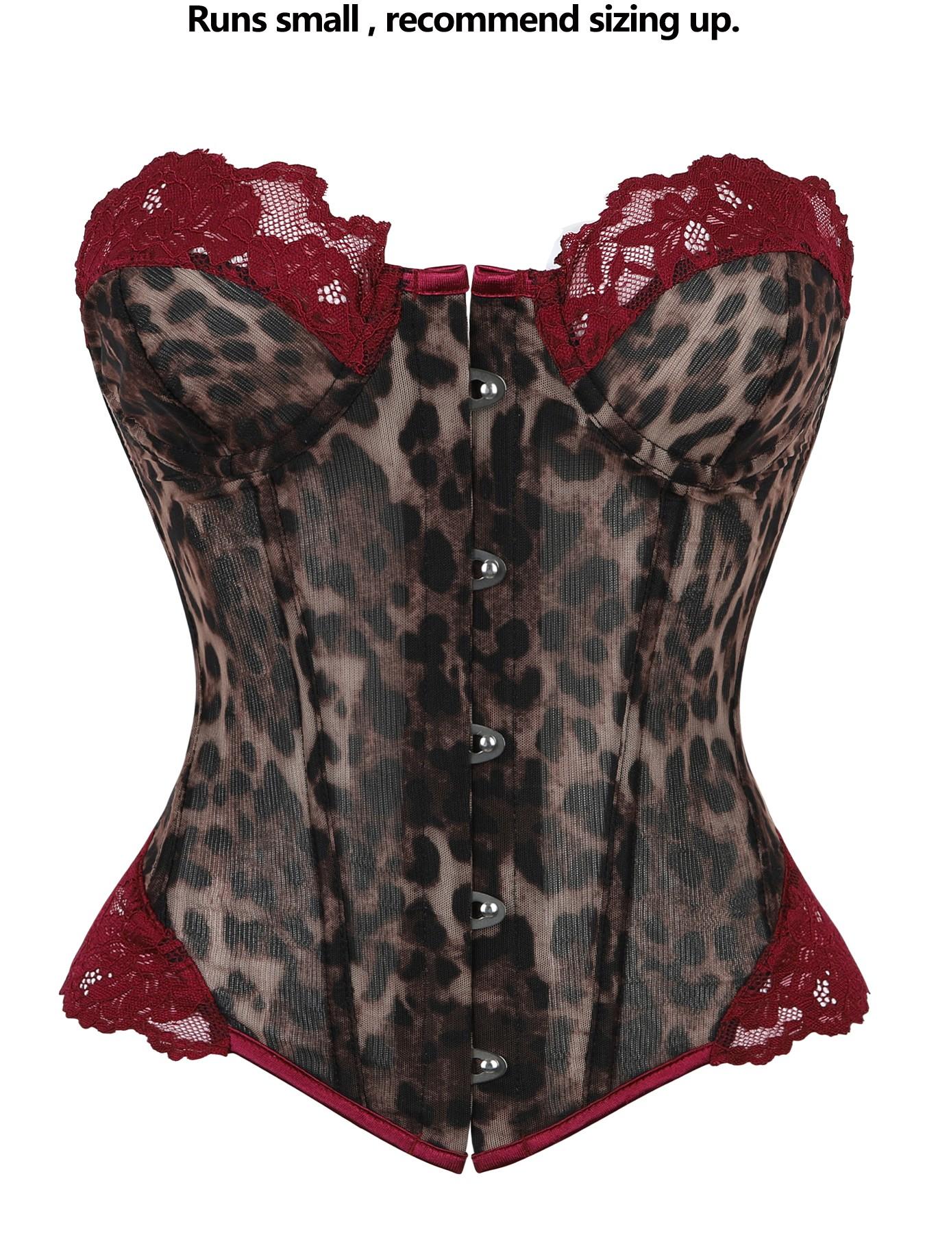 Y2K Leopard Print Lace Trim Corset Top Front Buckle Boned Waist Trainer Sheer Mesh Slimming Bustier For Women Club Party Date Night Outfit