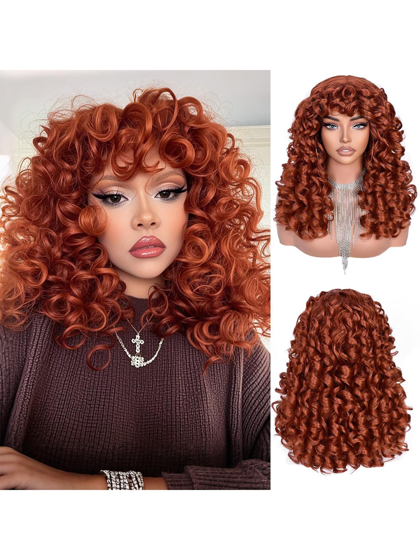 NEW !  Women 18 Inch Long Curly Wig Red Brown Amazon.com : BUPPLER Wig 18 Inch Medium Length Wigs for  main image 2