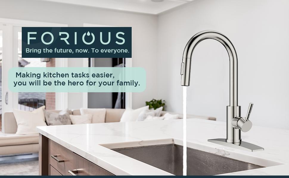 FORIOUS Kitchen Faucet with 2 Modes Pull Down Sprayer Brushed Nickel High Arc Kitchen Sink Faucet Stainless Steel Sink Basin Faucet