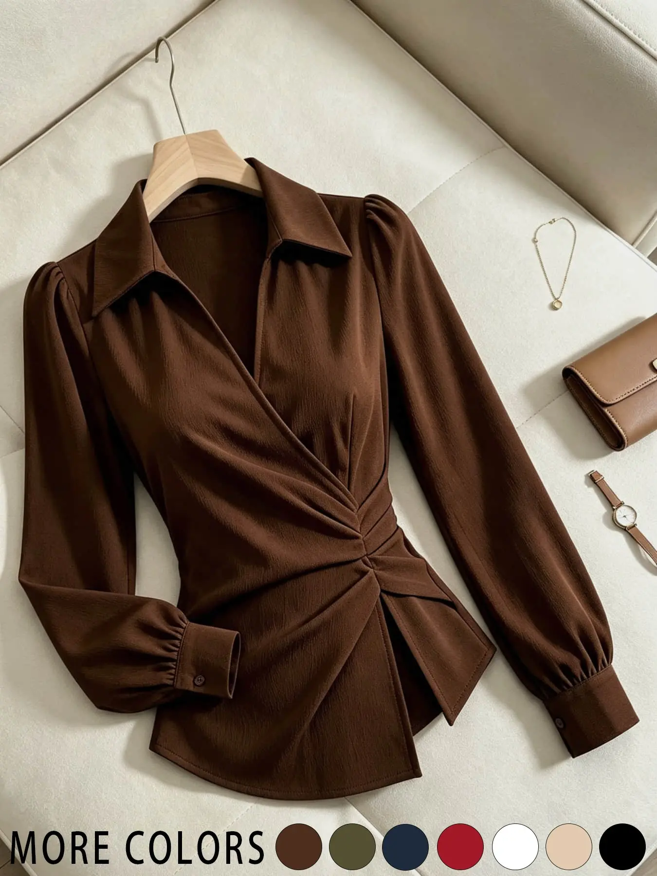 A women's fashionable, high-end, gentle and elegant commuter collar slim fit waist puff sleeve long sleeved blouses shirt with V-neck design, suitable for autumn and winter, suitable for dating, bar gatherings, and internet famous attractions.
