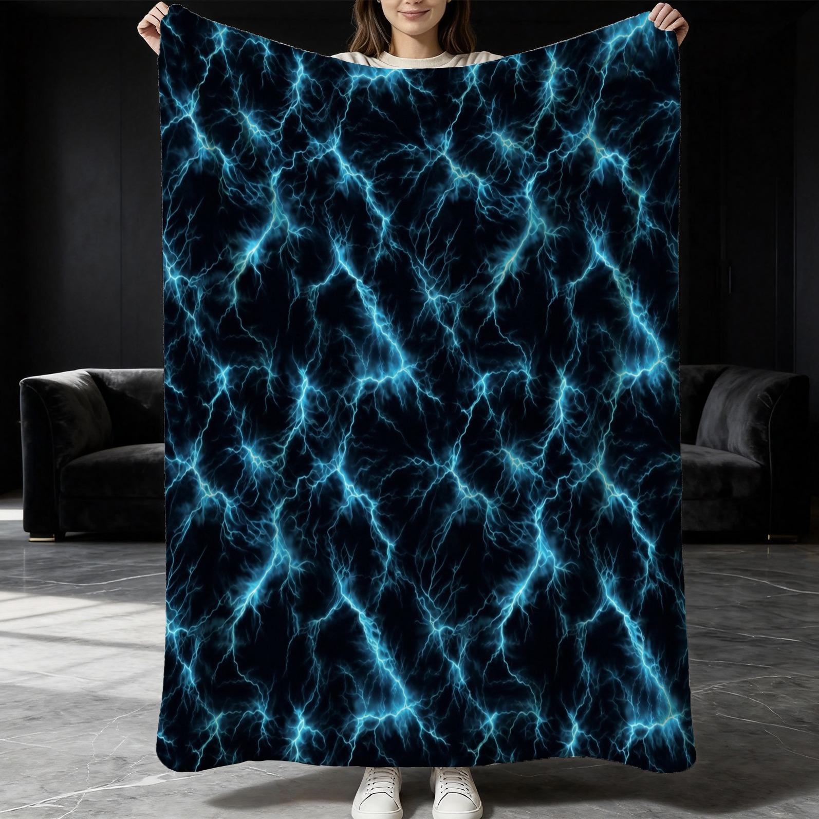 Purple Lightning Flannel Blanket, Single-Side Printed, Cool & Trendy Neon Style, Soft & Skin-Friendly, Multi-Use Throw for Sofa, Bed, Camping & Travel, All-Season, Perfect Gift Option