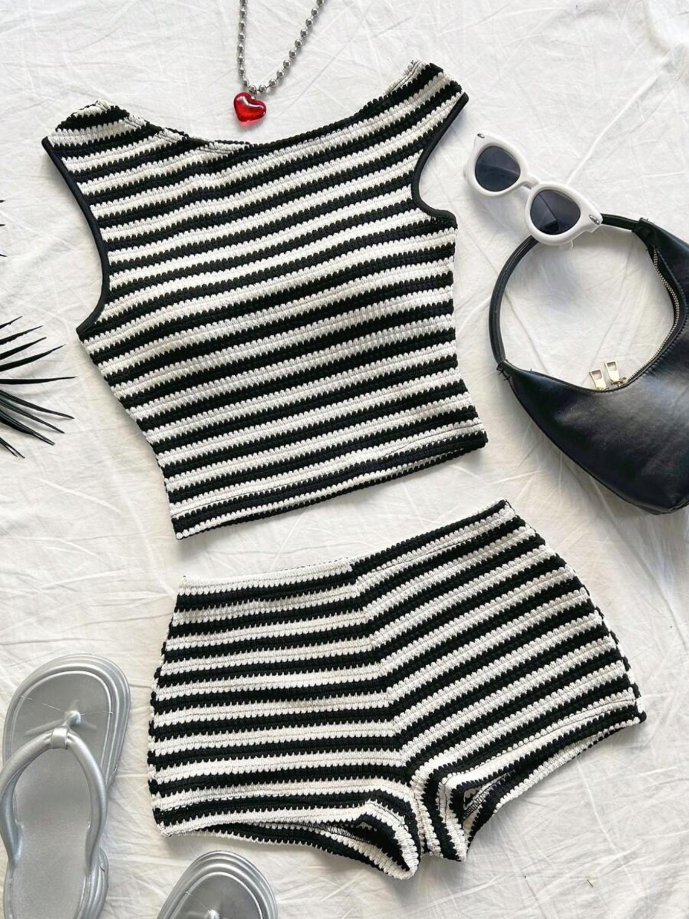 Striped Knit Asymmetrical Neckline Crop Top and Low Waist Tight Shorts Set, Perfect for Parties, Holidays, Beach, Cruise, Carnival, Easter, New Year