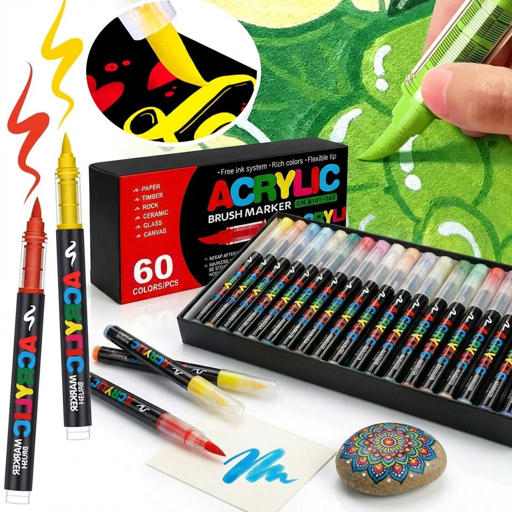 Acrylic Paint Markers Set, Acrylic Art Kit, Automatic Ink Control Soft Brush Tip Acrylic Paint Pens for Wood Rock Glass Canvas Stone Fabric Metal Ceramic DIY Art Supplies, Back to School, Halloween, Gift, Customizing my shoes/phone case, Art Color Set