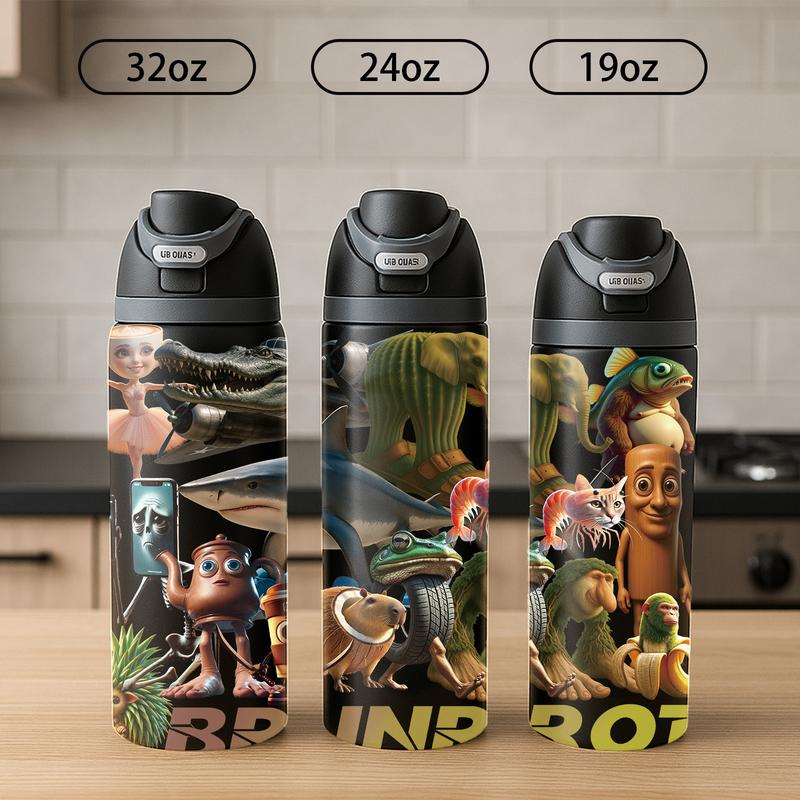 AuraCup 1pc 19/24/32oz Italian Brainrot Cartoon Tumbler with Lid and Straw, Stainless Steel Double Wall Insulated Travel Mug, Keep Hot 12H / Cold 24H, Creative Character Design Cup, Perfect for Office, Outdoor, Thanksgiving Gif, Tumbler Gift