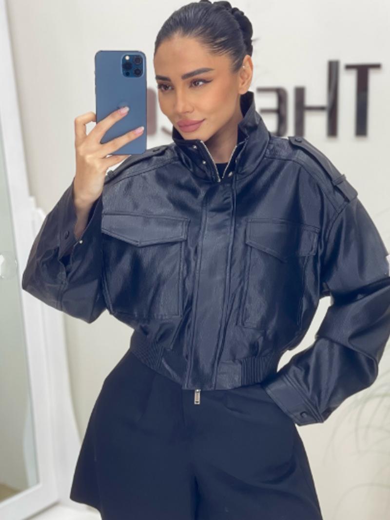 Women's Cropped Bomber Jacket Demi-Season Faux Leather Jacket Long Sleeve Green Black Jacket Women's Moto Biker Zipper Jacket Street Short Coat Aviator Jackets