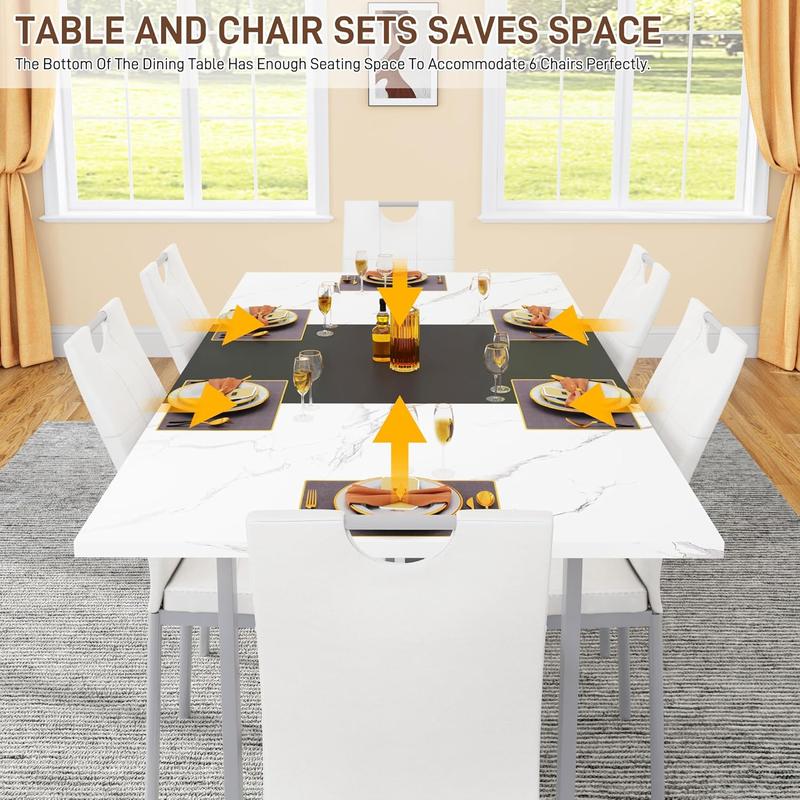70IN Large Dining Table for 4 5 6 People,White Kitchen Dinner Table W/Marble-Color Wood Waterpoof Tabletop,Rectangular Family 6FT Dining Tables w/Adjustable Leg for Office Home Living Dining Room