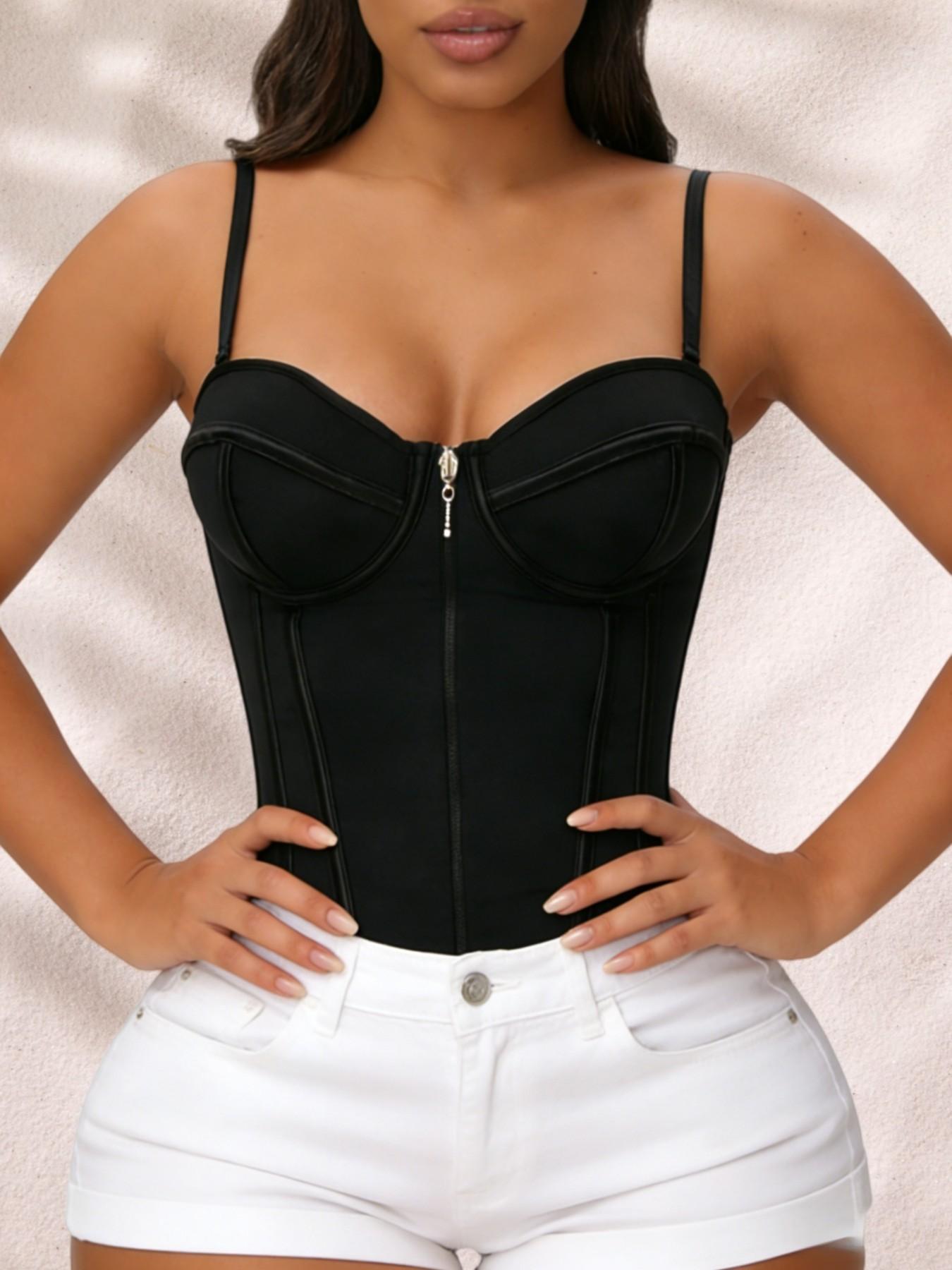 Lady's Solid Adjustable Spaghetti Strap Steel Bone Shaperwear Tops, Adjustable Zipper Shapewear, Waist Trainer, High Support Tight Fitting Zipper Closure Corset, Girdle, Suitable for Daily Wear Or Valentine's Day