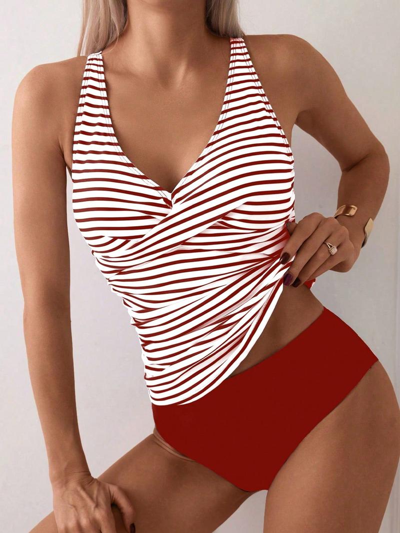 Women's V Neck Two-Piece Swimsuit Set, High Waist Swimwear with Ruched Top, Slimming Belly Control Bathing Suit