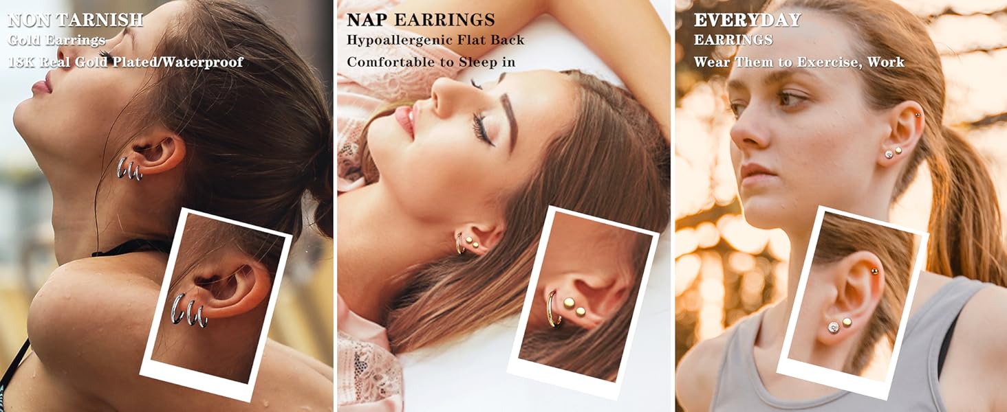 FASACCO Small Tiny Stud Flat Back Earring Set 14K Surgical Steel Cartilage Hoop Earrings for Multiple Piercings Hypoallergenic Ear Studs for Women