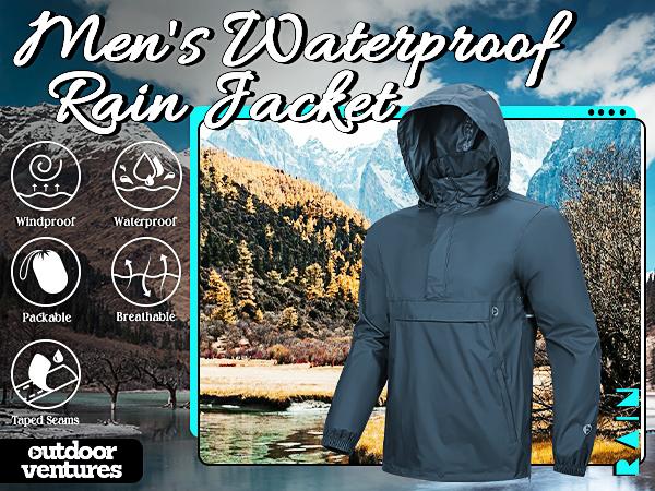 Outdoor Ventures Mens Rain Jacket Waterproof Lightweight Packable Rain Pullover coat windbreaker for Hiking Golf Running