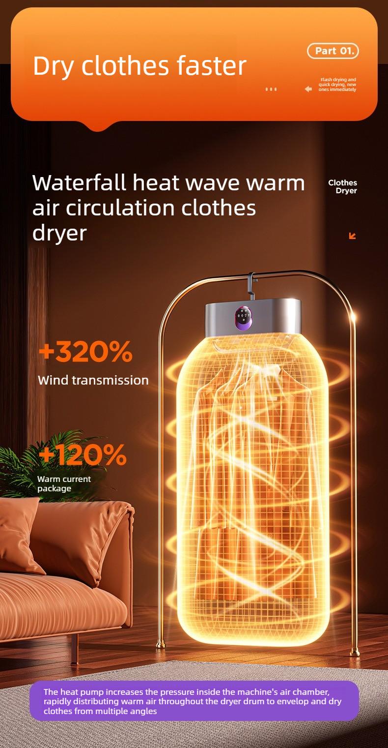 Foldable Portable Clothes Dryer, 360° Circulating Hot Air Fast Dryer with 8H Timer, Touch Screen Control, Overheat Protection, No-Installation Compact Laundry Dryer for Apartment Dorm RV Travel