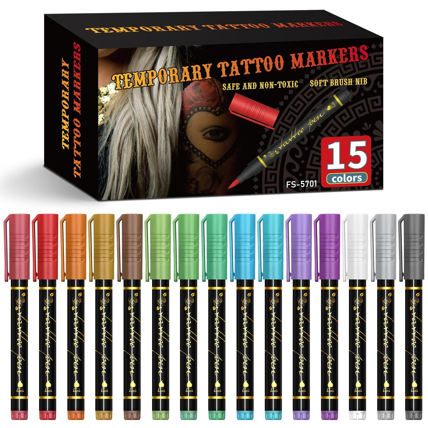 Temporary Tattoo Markers for Skin, Skin Safe, 10/15-Count Body Markers 10/15-Color Tattoo Pens, Flexible Brush Tip, Bright Colors, Cosmetic Quality Face Paint Kit, Perfect Christmas Gifts