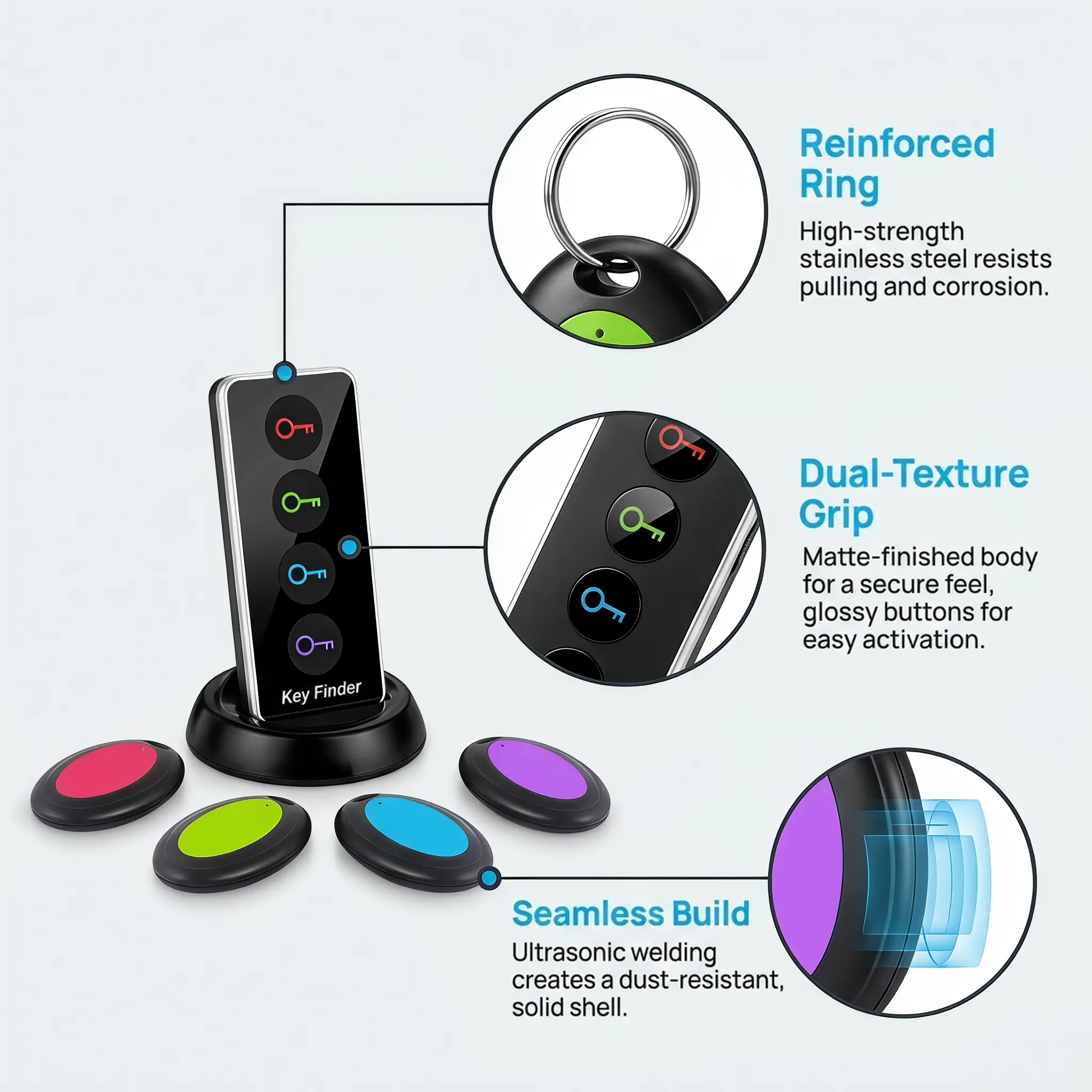 4-Pack Compact ABS Plastic Wireless Key Finder Tracker - Smart Anti-Lost Keychain with Remote Find, Item Tracking Device for Keys & Luggage, Practical Gift Idea for Seniors
