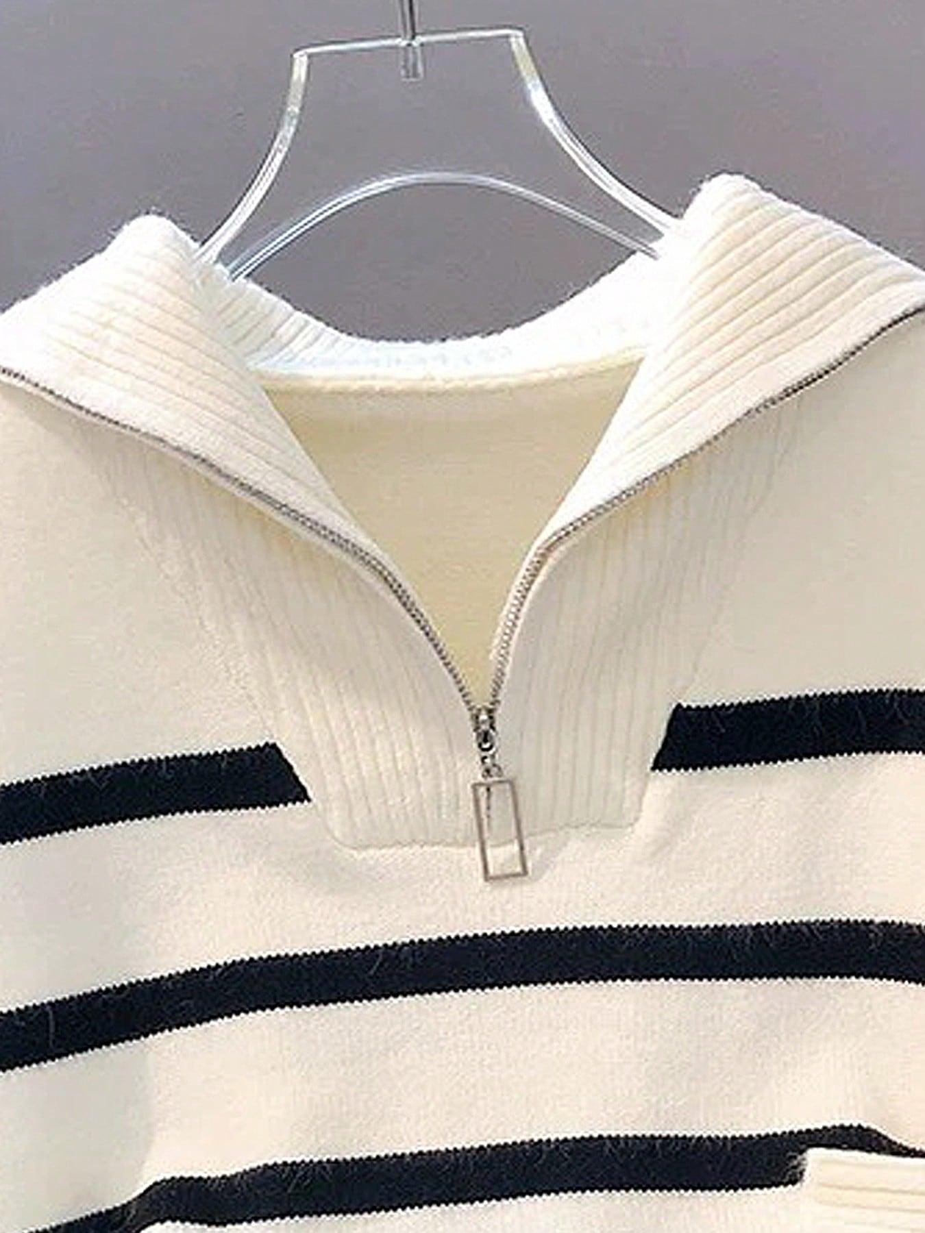 Women's Striped Print Zipper Drop Shoulder Sweater, Casual Long Sleeve Collared Jumper for Daily Outdoor Wear, Women Knitwear Top for Fall & Winter, National Day Clothing