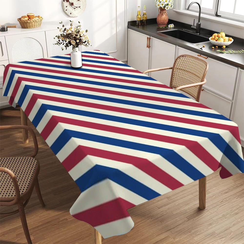 Blue Striped Tablecloth, Polyester, Washable, Kitchen Dining Outdoor Picnic Garden Party Decor