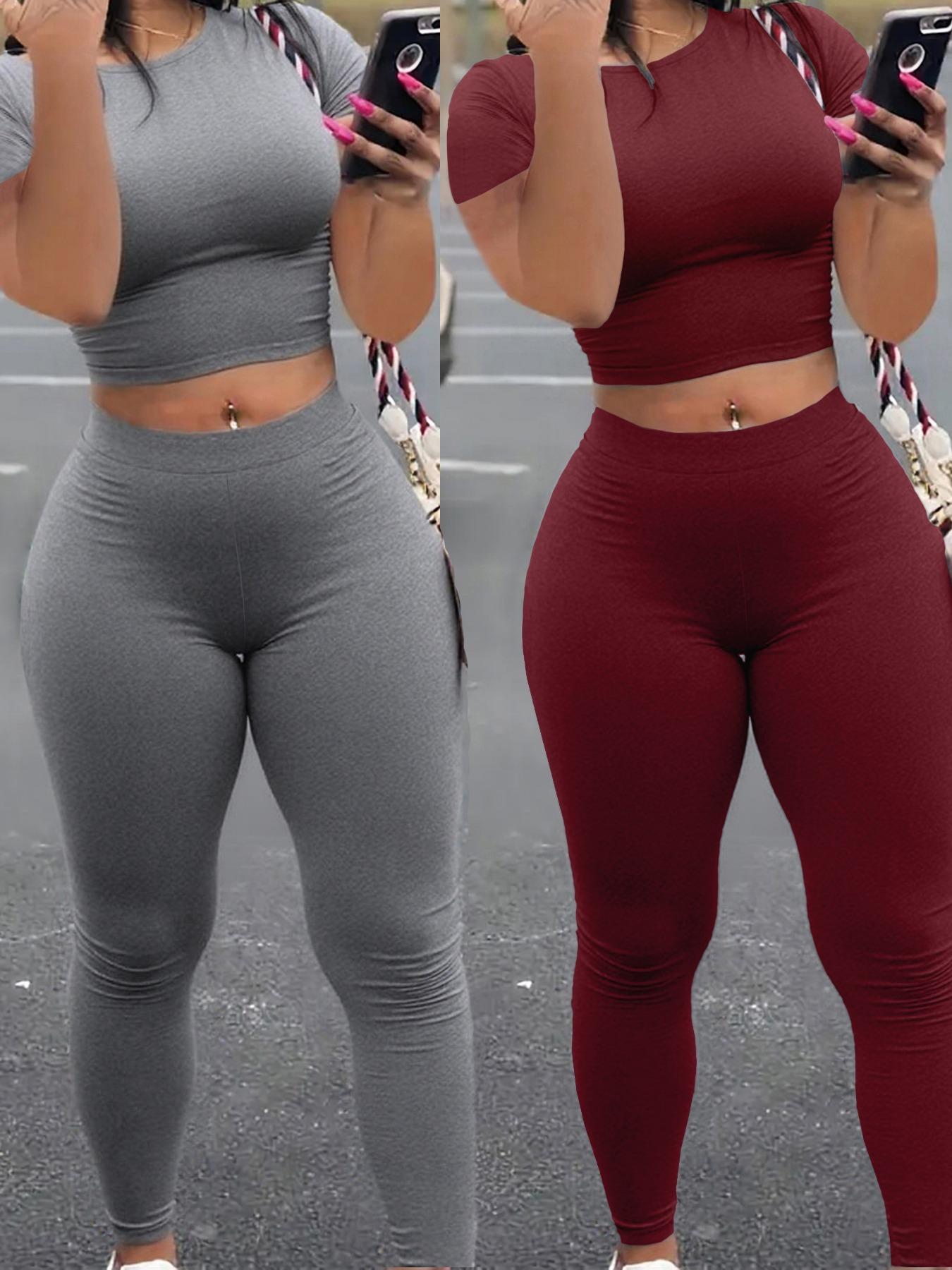 Two-Piece Set Women's Solid Fitted Crop Tee & Skinny Pants, Casual Chic Fashion Cozy Round Neck Short Sleeve Top & Trousers for Daily Outdoor Wear, Ladies Clothes for Spring & Fall