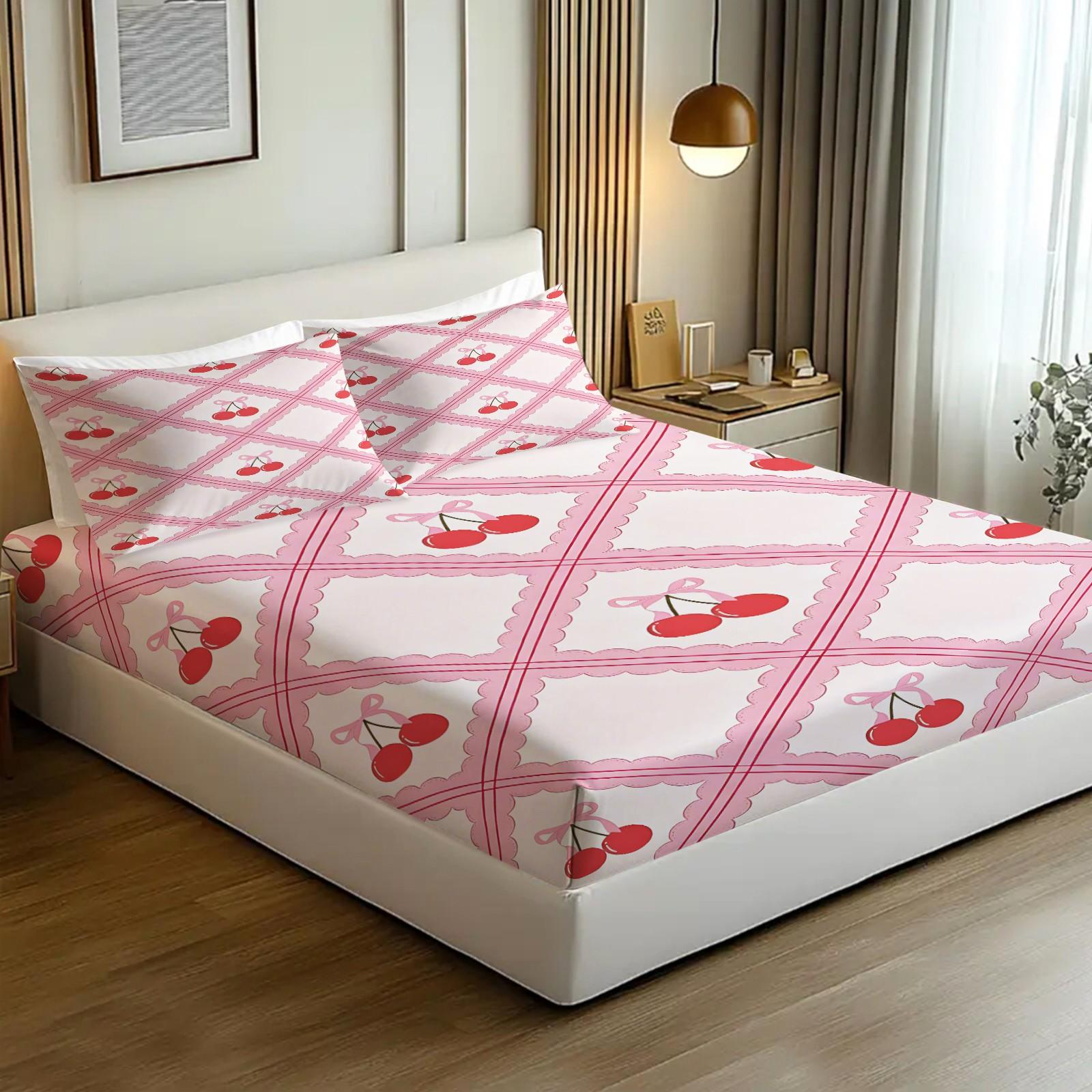 Sweet and lovely cherry-print fitted sheet set,Includes 1 Fitted Sheet & 2 Pillowcases without Filler,Fresh and adorable design,Comfortable and soft,Multiple styles available, perfect for stylish bedroom decor.
