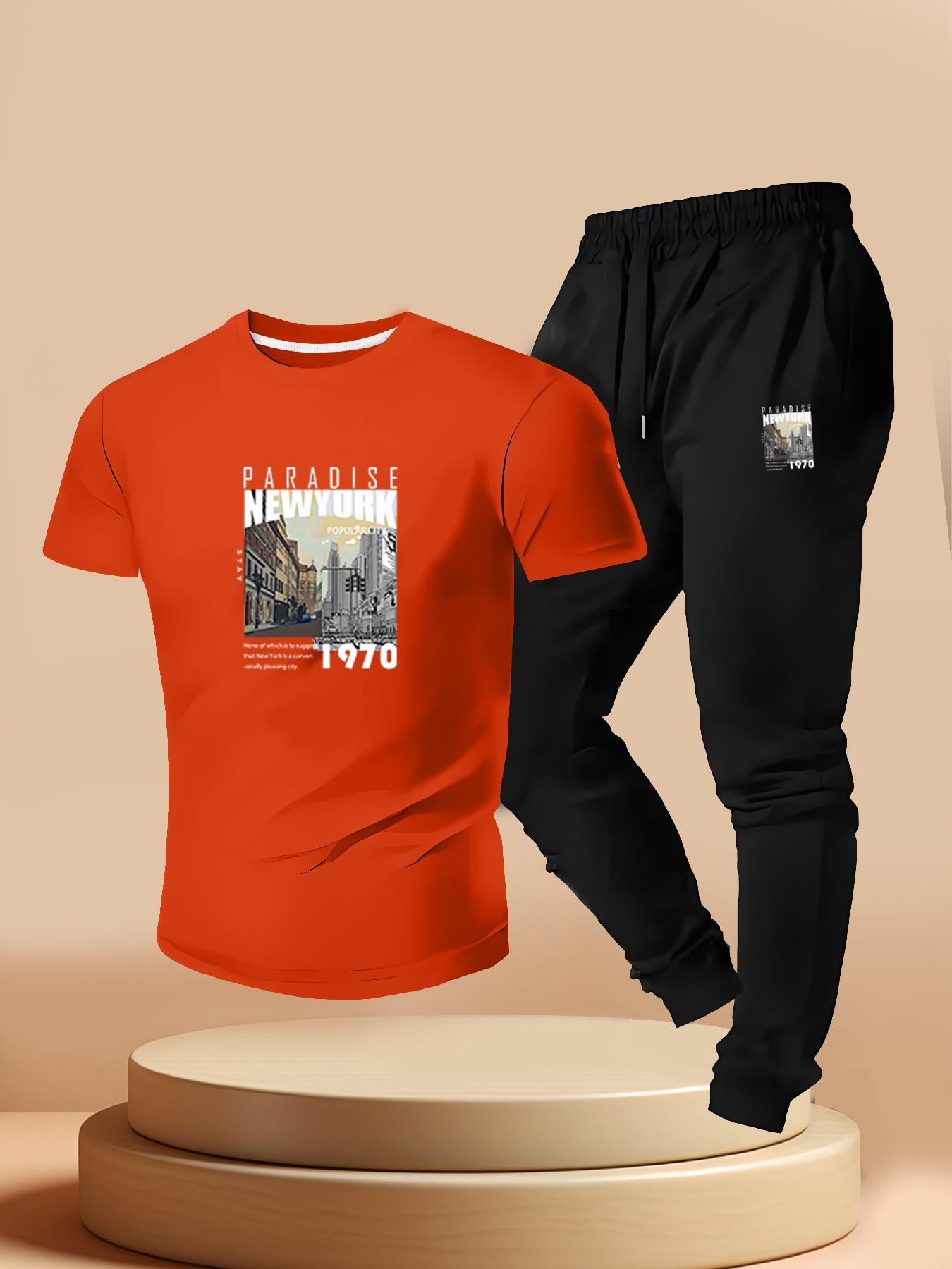 American Vintage New York 1970s Paradise City Print, Men's Short Sleeve Tee + Joggers Set, Summer Urban Style, Slim Fit, Regular Length