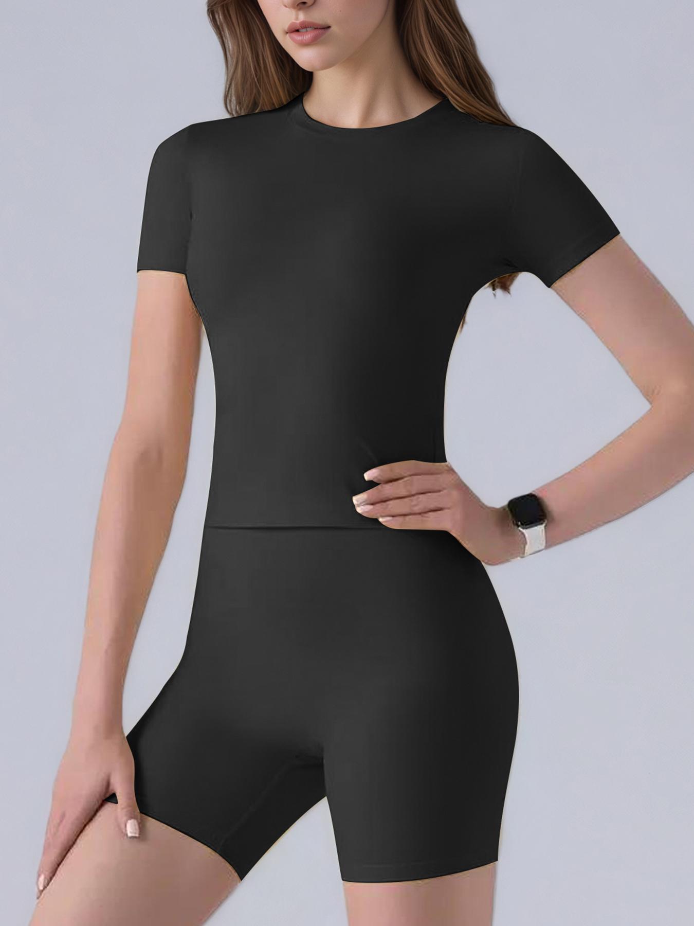 Jetjoy 2 Piece Workout Sets for Women, Long or Short Sleeve T Shirt Tank Top + Workout Shorts Butt Lifting Gym Seamless Booty Biker Shorts, Going Out Gym Sets Fitness Clothes Skinny Sportswear Compression Activewear Gymwear Fitness Clothes Mesh Athleisure