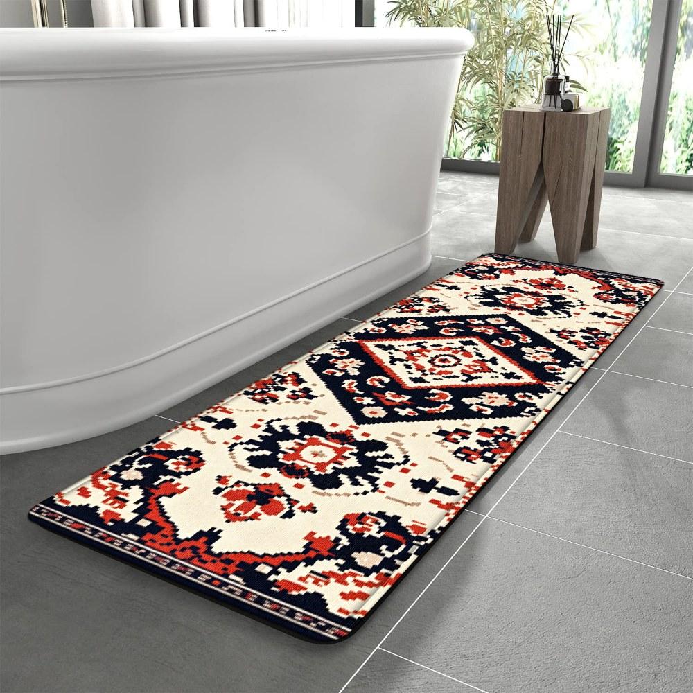 1PC， Red, White and Black Geometric Pattern strip rugs, home décor, bathroom mats, entryway mats, bathroom non-slip mats, indoor entrance rugs, bedroom bedside mats, kitchen mats, hallway rugs, flannel sponge rugs, hallway runner rugs