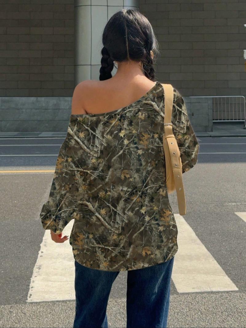 Women's Plain Off Shoulder  Sweatshirt, Casual Drop Shoulder Long Sleeve Pullover for Daily Wear, Ladies Clothes for All Seasons