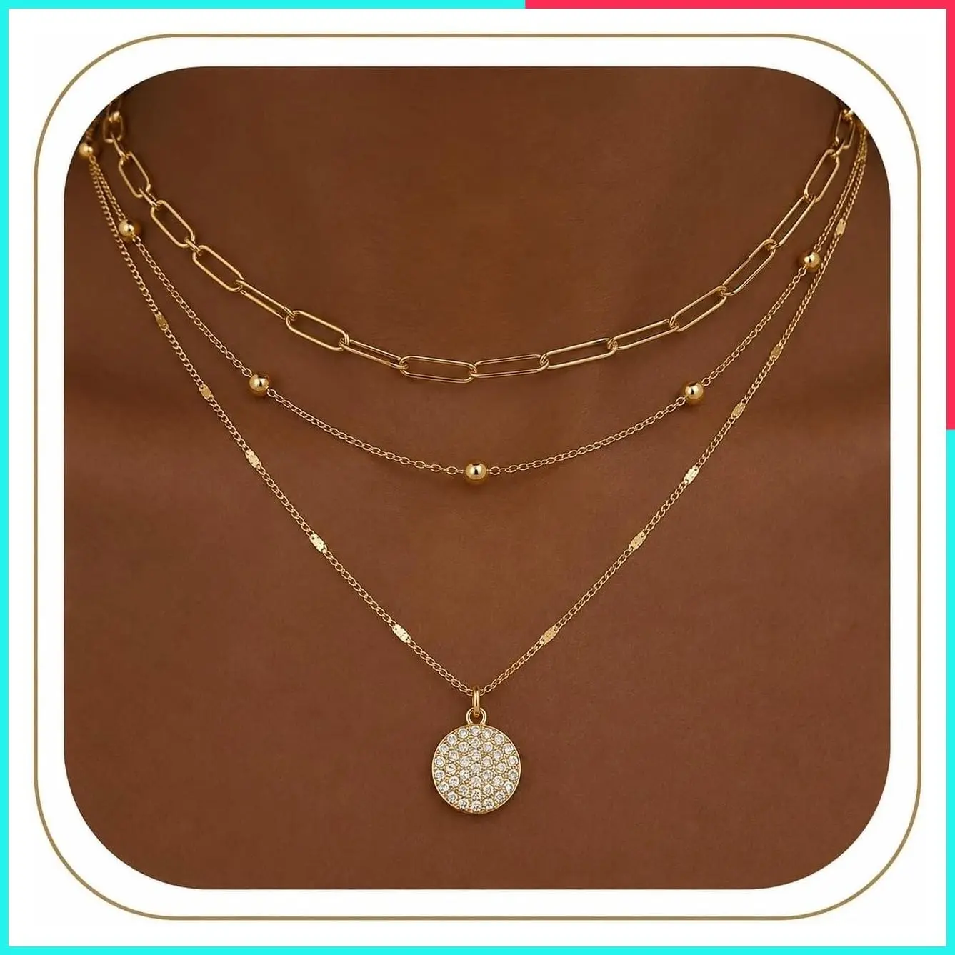 14K Gold Plated 3-Piece Layered Necklace Set for Women - Stackable Paperclip, Satellite & CZ Pendant Chains, Hypoallergenic Non-Tarnish Stainless Steel Jewelry