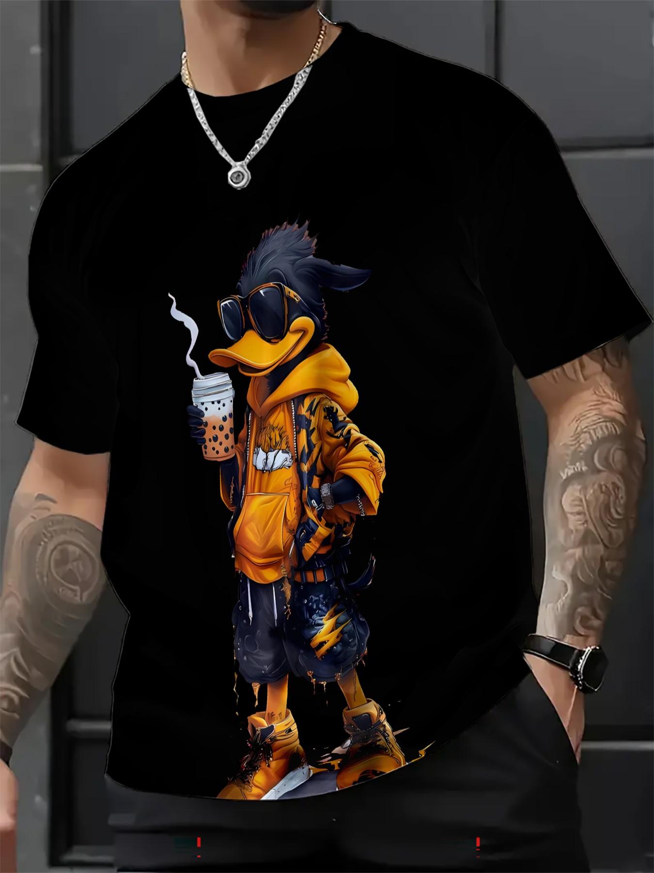 Men's 3D Cartoon Print Round Neck Short Sleeve Casual T-Shirt, Fitted All over Print, Long Clothing, All Seasons Wear