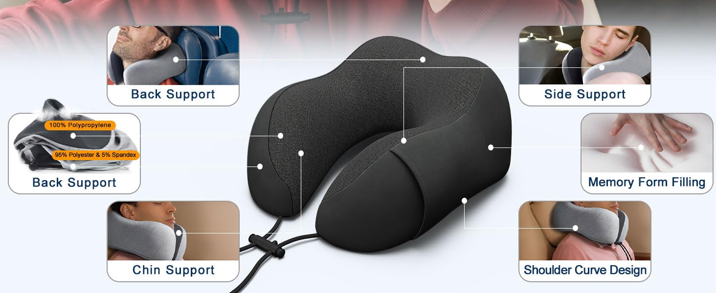 Ergonomic Breathable Neck Travel Pillow - Machine Washable, Neck Pain Relief, Bonus Eyemask, Thoughtful Gift for Airplane, Car Use (Black), Slow Rebound Technology