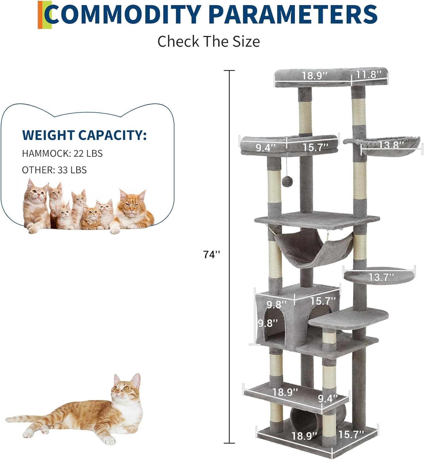 74" Large Cat Tree for Big Cats,Multi-Level Tower with Scratching Posts, Condo, Perches, Hammock, Tunnel & Feeding Station