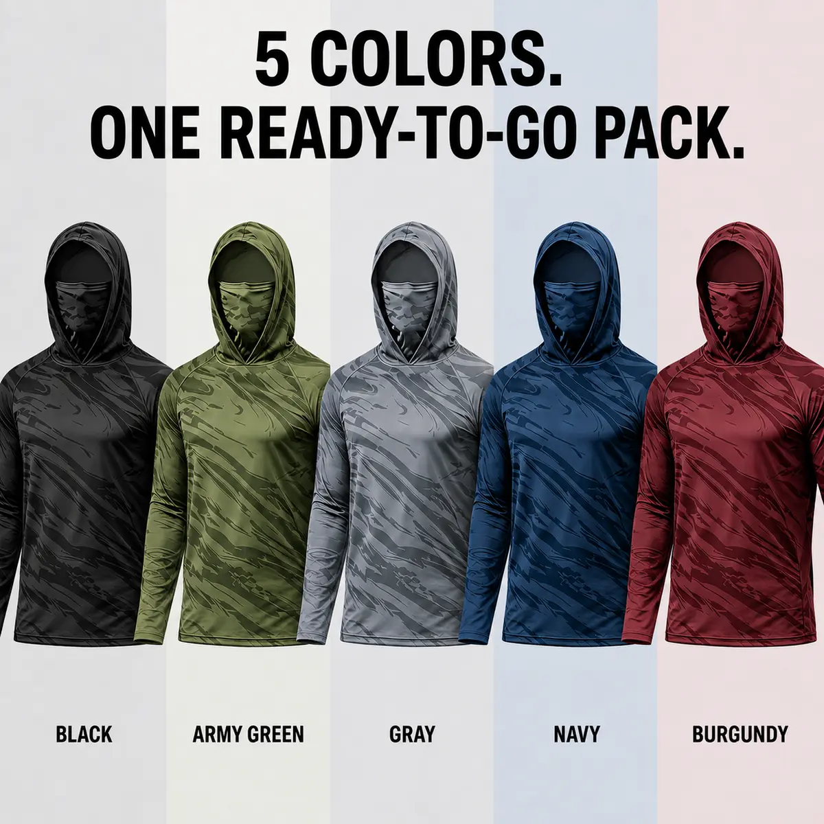 Men's 5-Pack Camo Hoodies with Built-in Face Mask - UPF 50+ UV Protection, Quick-Dry Moisture-Wicking, 4-Way Stretch Breathable Lightweight Long Sleeve Outdoor Activewear for Fishing, Hunting, Hiking, Work, Gym, Running, Camping, and Travel